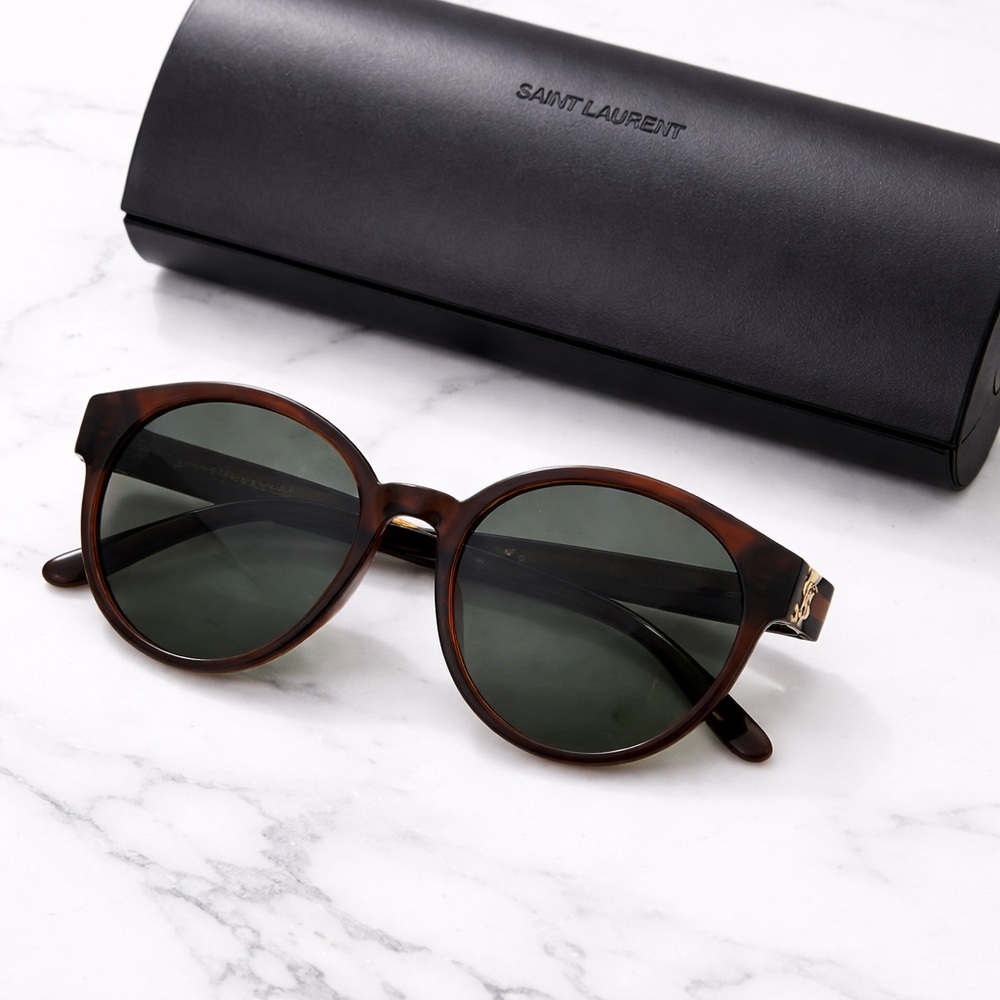 Saint Laurent YSL Round Tortoise Sunglasses NWOT Green Lens Gold Hardware Case